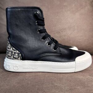 SALVATORE FERRAGAMO RIVIERA BLACK LEATHER GANCINI HIGH TOP SNEAKERS  9.5 M